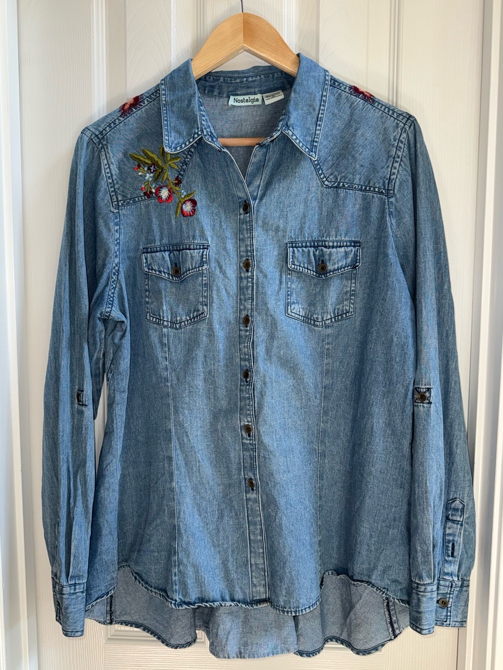 Nostalgia Floral Embroidery Denim Long Sleeve Button Up L Western Countrycore